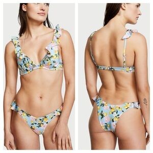 Victoria Secret Swim Ruffle Brazilian Bikini Set In Blue Lemon size 34 C/ M new